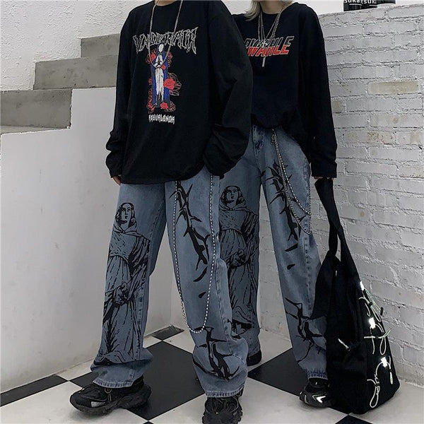 Life's Thorns Vintage Aesthetic Wide Leg Straight Jeans