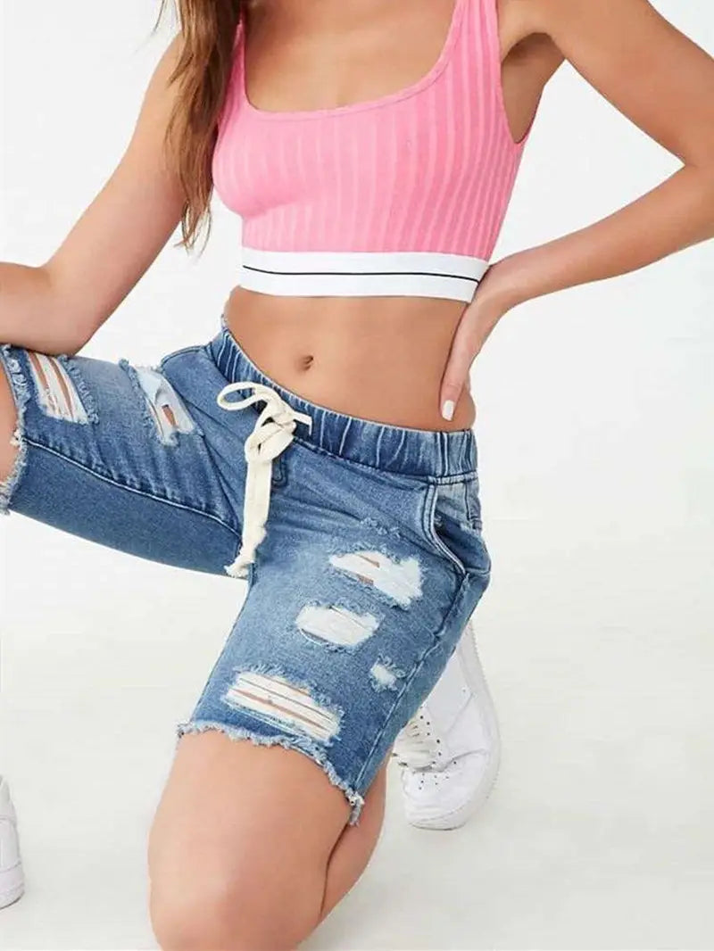 Elastic Ripped Pencil Denim Shorts