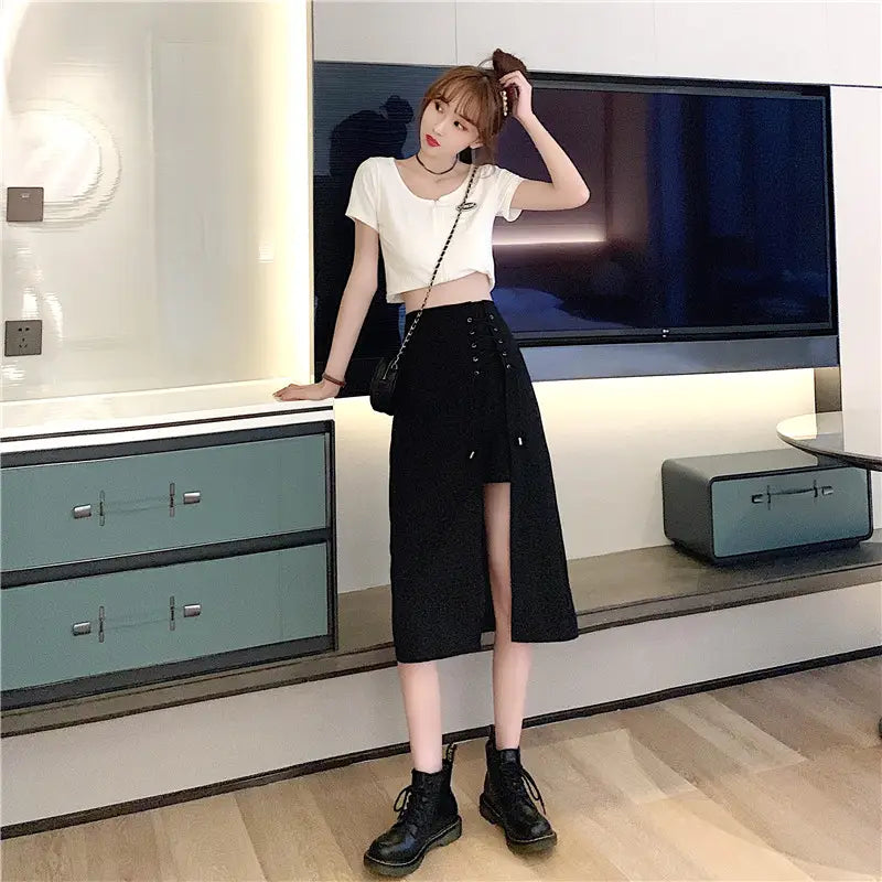 Irregular Black High Waist Mid-length A-line Skirt