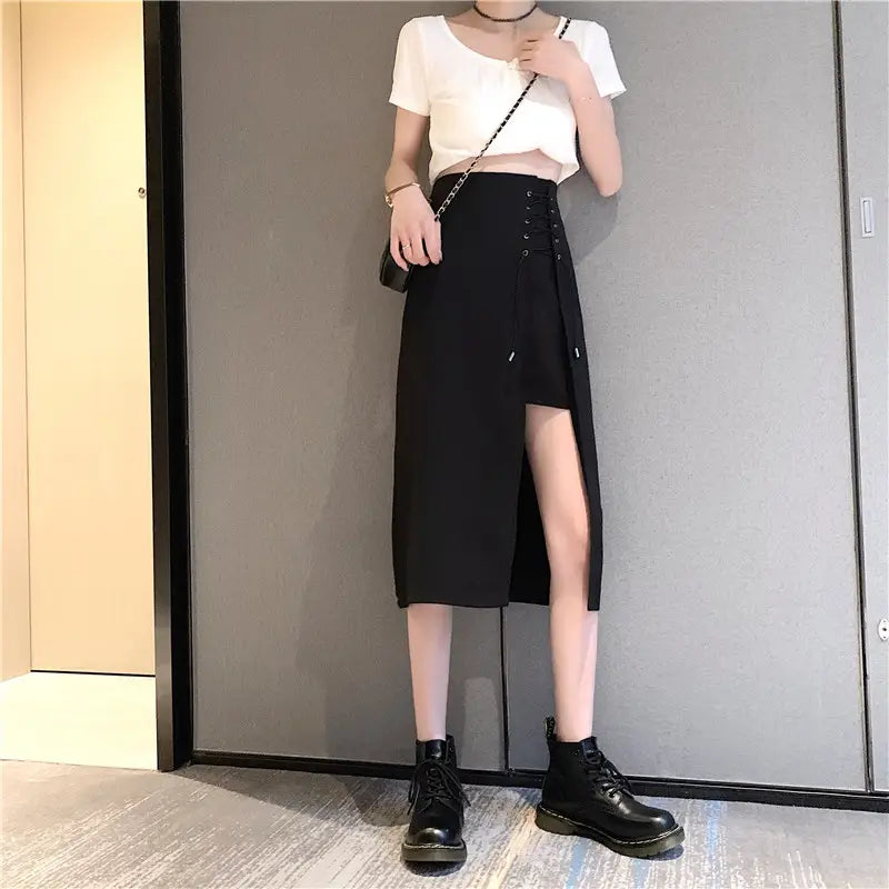 Irregular Black High Waist Mid-length A-line Skirt