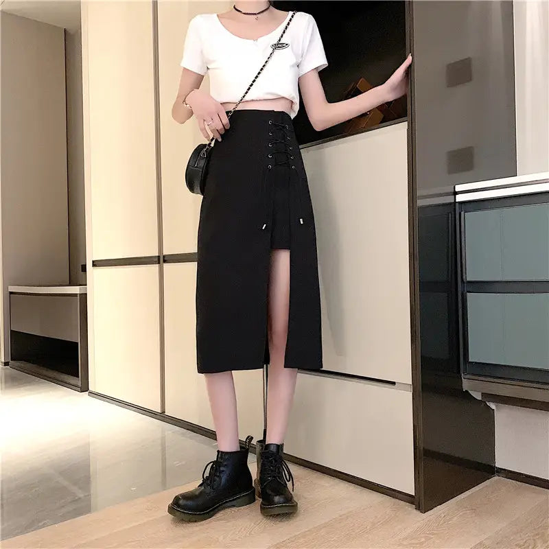 Irregular Black High Waist Mid-length A-line Skirt