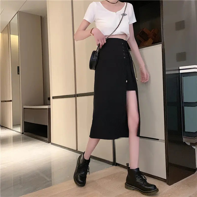 Irregular Black High Waist Mid-length A-line Skirt