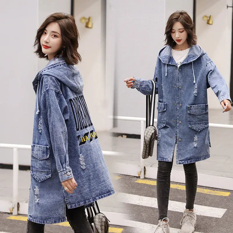 Letter Hooded Oversize Denim Jacket