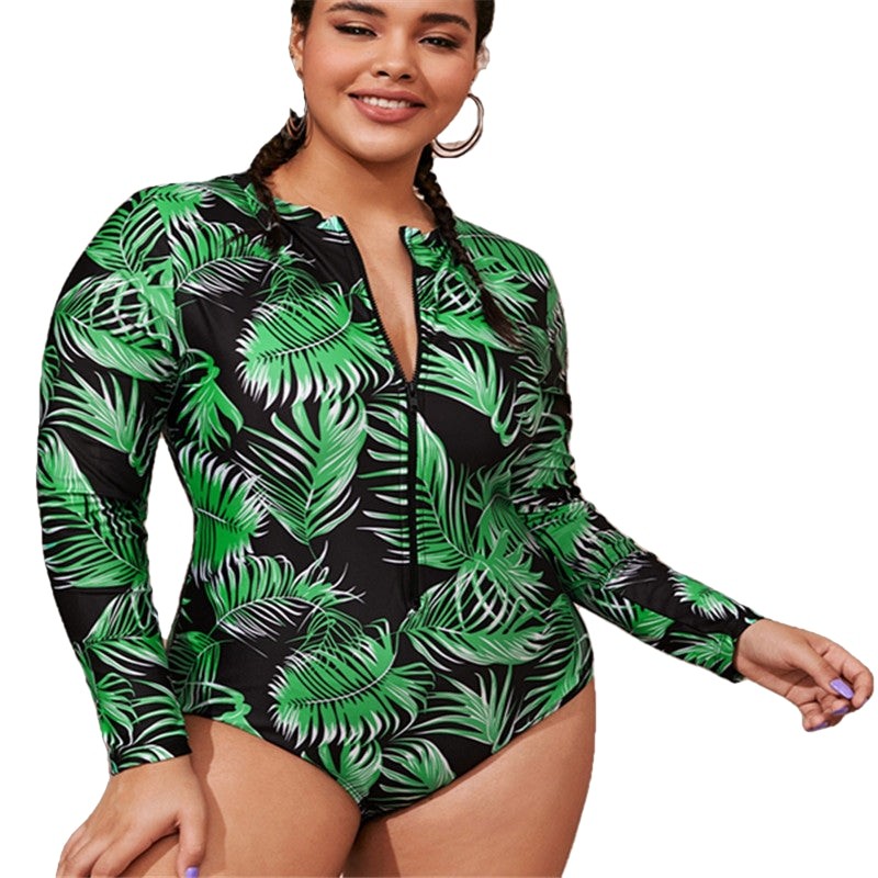 Tropical Plus Size Swimwear Zipper - Green / L - Swimsuits