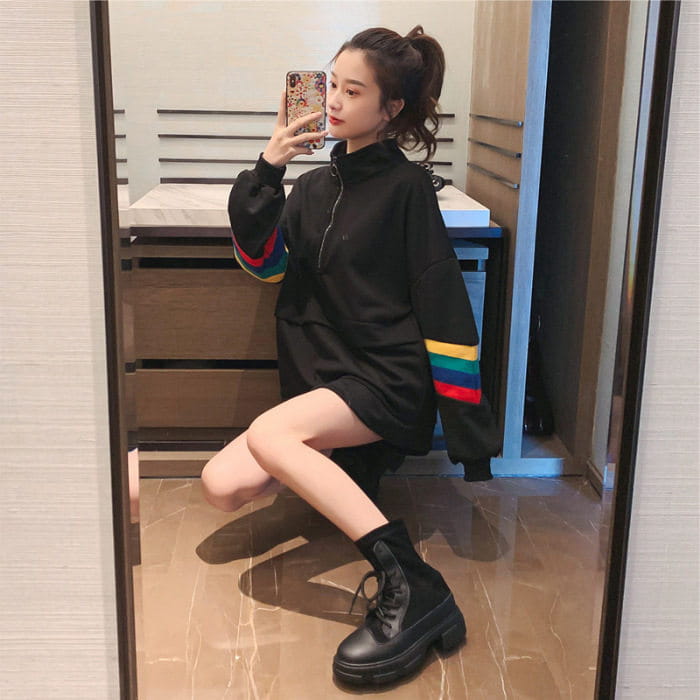 Rainbow Stand-Up Collar Loose Sweatshirt