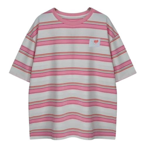 Heart And Striped Crew Neck Oversized T-shirt - Pink / S -