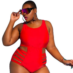 Solid Color Plus Size Swimsuits - Red / XL