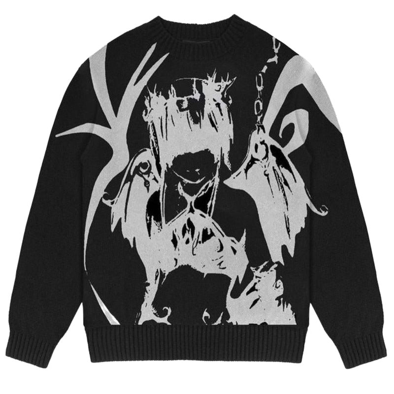 Gothic Printed Loose Knitted Sweater - Black / M
