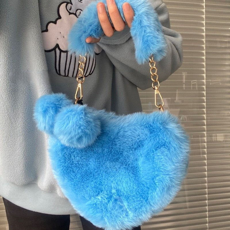 Faux Fur Heart Shaped Small Handbag - Blue - Bag