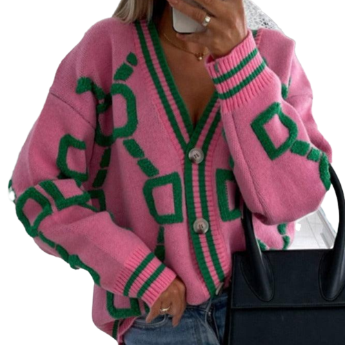 Checked And Striped V-Neck Knitted Cardigan - Pink / S