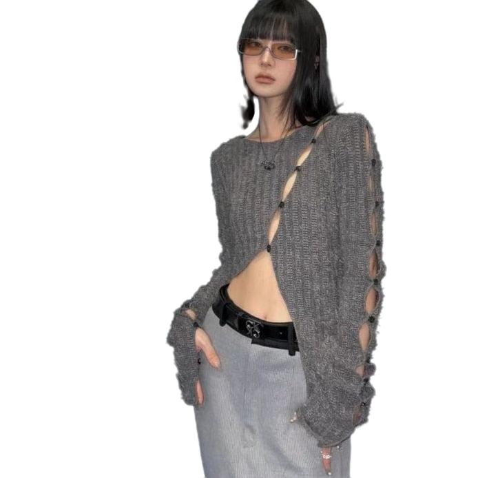 Asymmetric Hollow Out Fine Knit Short Cardigan - Dark-Grey /
