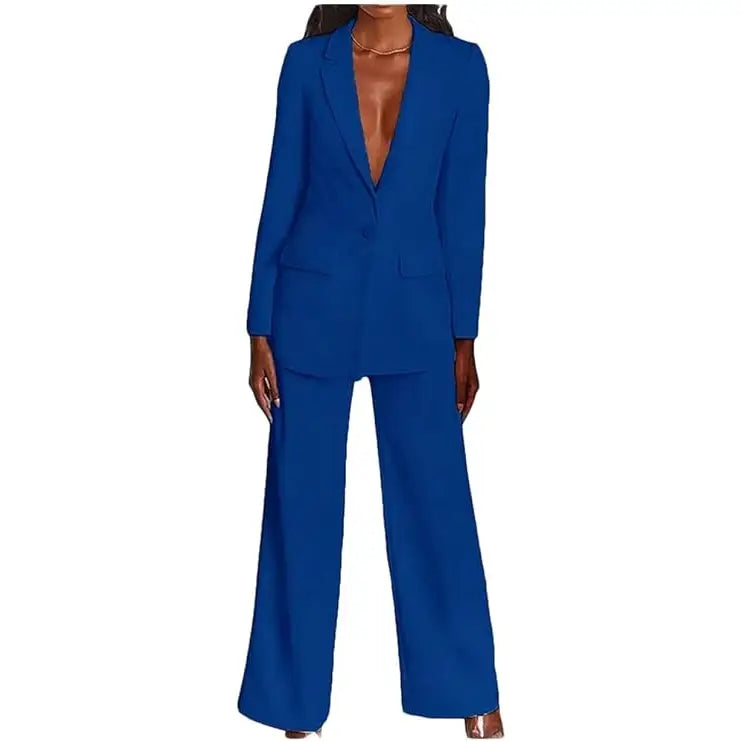 2 Piece Suits with Deep V Neck Jacket - Blue