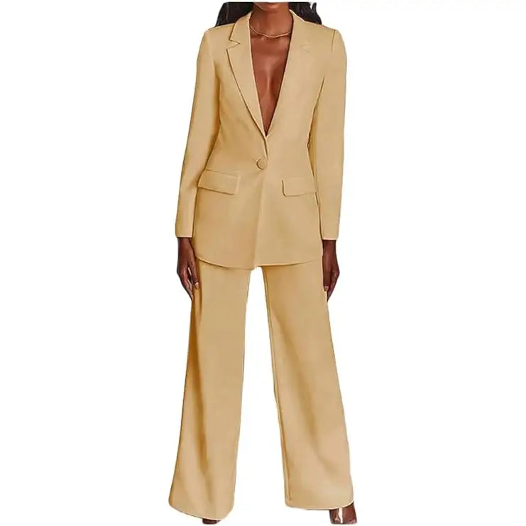 2 Piece Suits with Deep V Neck Jacket - Gold