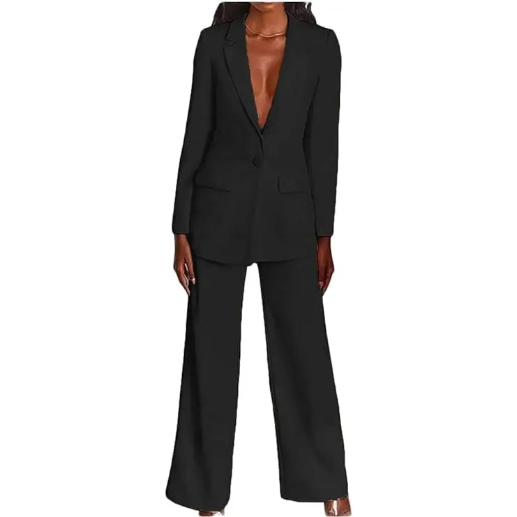 2 Piece Suits with Deep V Neck Jacket Plus Size - Black