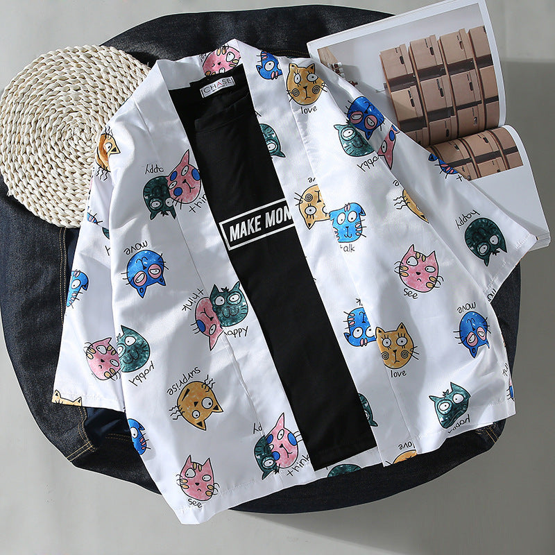 Asian Style Kimono Cap Sleeve Shirt - White Blue / S -