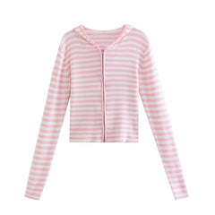 Striped Long Sleeve Hooded Knitted Cardigan - Pink / One