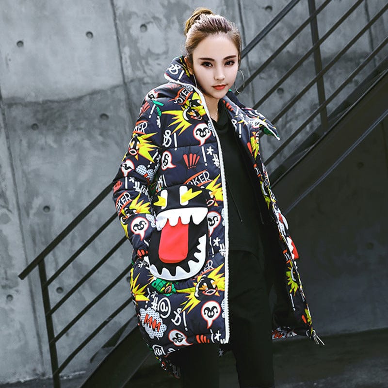 Wattierter Mantel mit Cartoon-Graffiti, Street-Art, Street-Persönlichkeitsmantel – UrbanWearOutsiders-Jacken