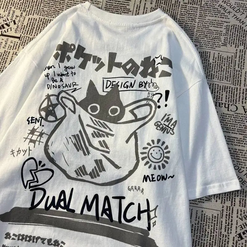 Oversize Cartoon Cat Dual Match T-Shirts - White / XS -