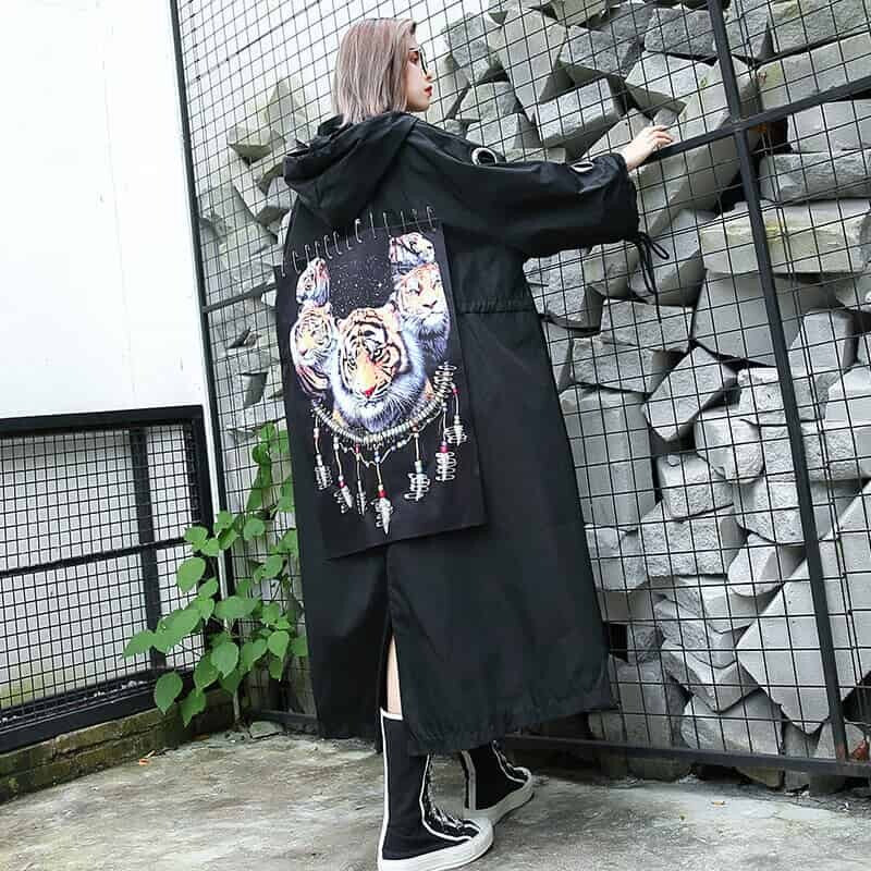 Printed Trench Jacket Hooded - Black / One size - Women