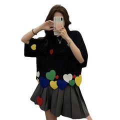 3D Colorful Hearts Round Neck Loose Blouse