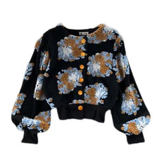 3D Flower Colorful Long Sleeved Jacket Black / One Size