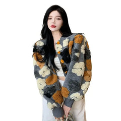 3D Flower Colorful Long Sleeved Jacket Gray / One Size