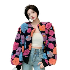 3D Flower Colorful Long Sleeved Jacket Pink / One Size
