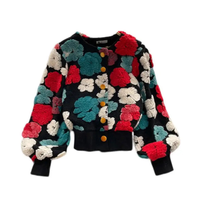 3D Flower Colorful Long Sleeved Jacket Red / One Size