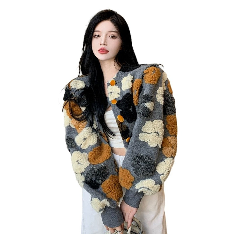 3D Flower Colorfull Long Sleeved Jacket - Gray / One Size