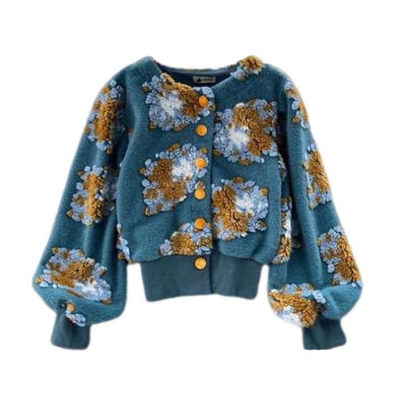 3D Flower Colorfull Long Sleeved Jacket - Blue / One Size