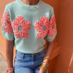 3D Knitted Flower Short Sleeve Sweater for Women