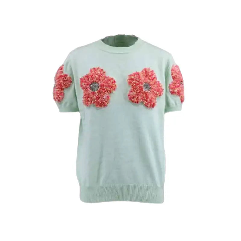 3D Knitted Flower Short Sleeve Sweater for Women
