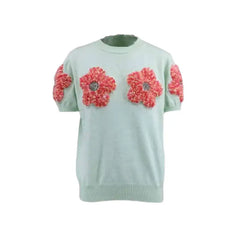 3D Knitted Flower Short Sleeve Sweater for Women