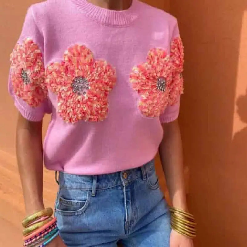3D Knitted Flower Short Sleeve Sweater for Women