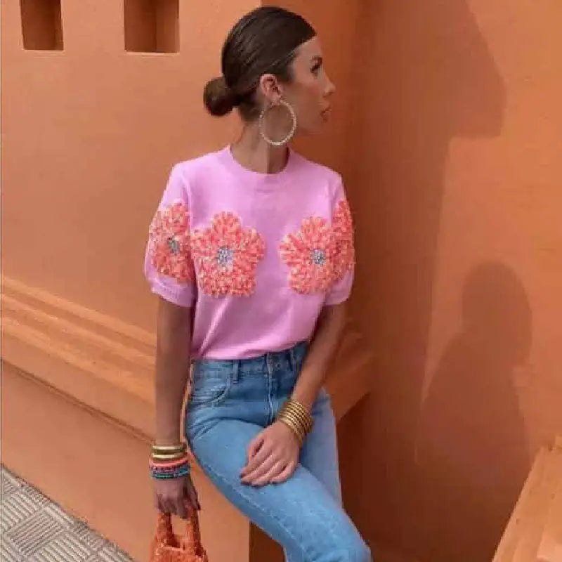 3D Knitted Flower Short Sleeve Sweater for Women