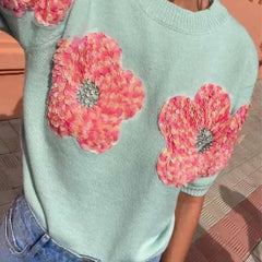 3D Knitted Flower Short Sleeve Sweater for Women