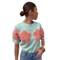 3D Knitted Flower Short Sleeve Sweater - Green / S