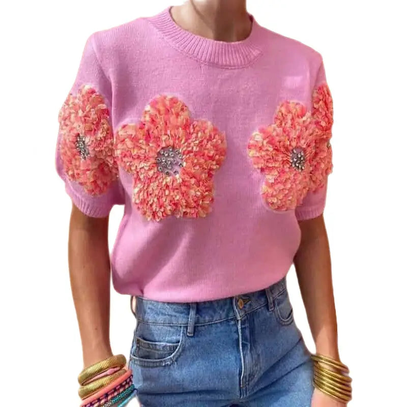 3D Knitted Flower Short Sleeve Sweater - Pink / S