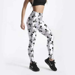 3D Skull Pattern Leggings Vintage Style Activewear WhitE