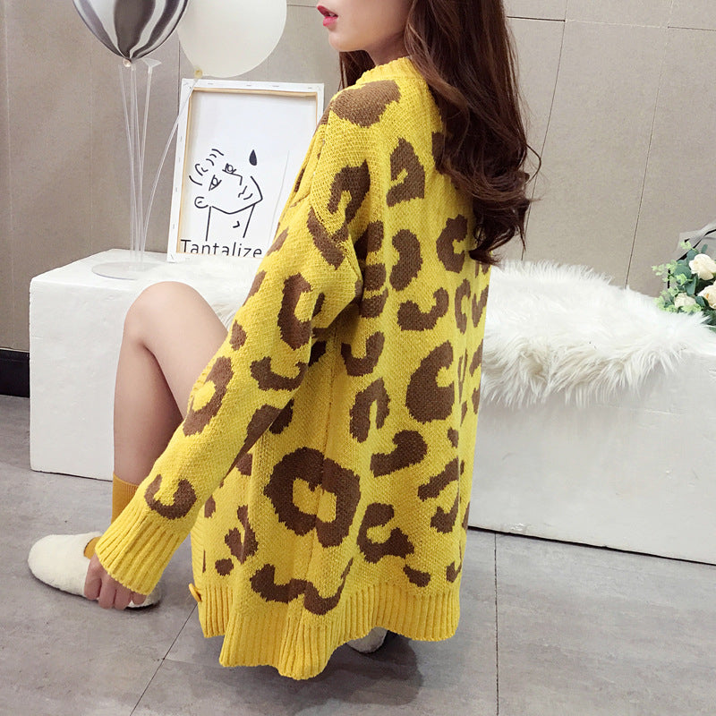 Knitted Leopard V Neck Loose Button Cardigan - Sweaters