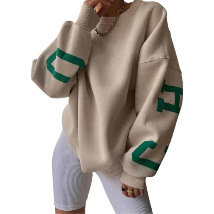 Chicago Letters Long Sleeve Loose Sweater - Beige / S