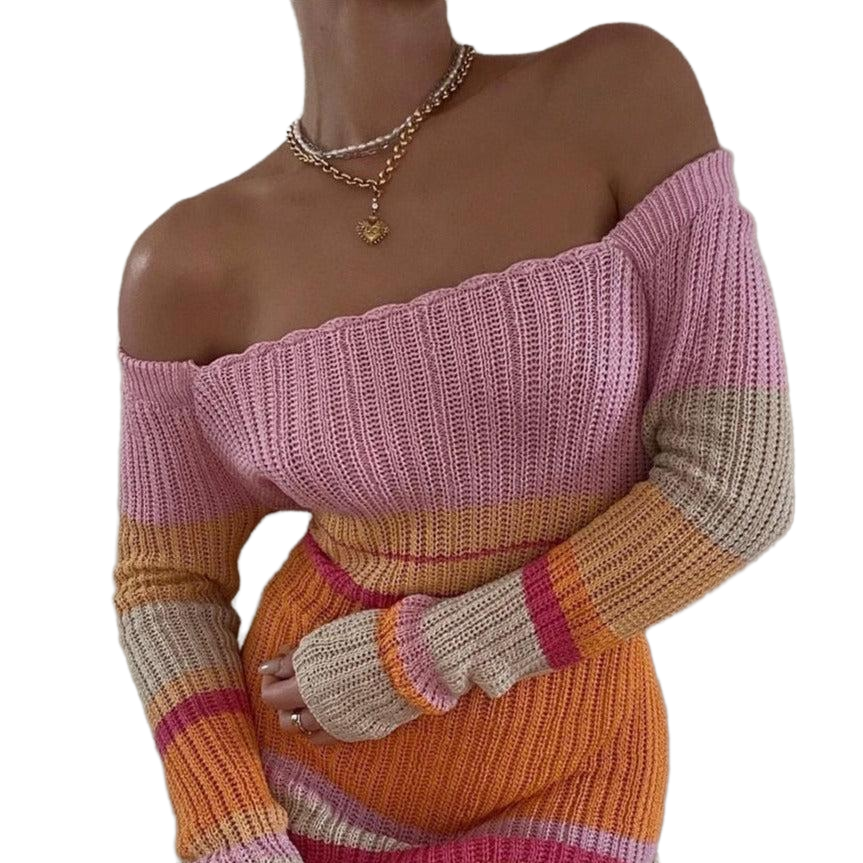 Knitted Off Shoulder Long Sleeve Maxi Dress - Purple-Orange
