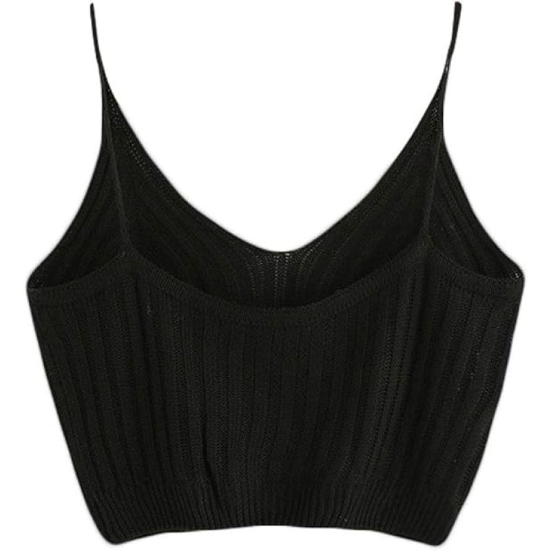 Solid Color Ribbed Knit Crop Top - Black / ONE SIZE