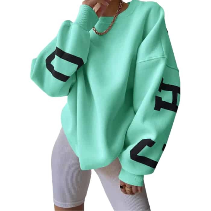 Chicago Letters Long Sleeve Loose Sweater - Light Green / S