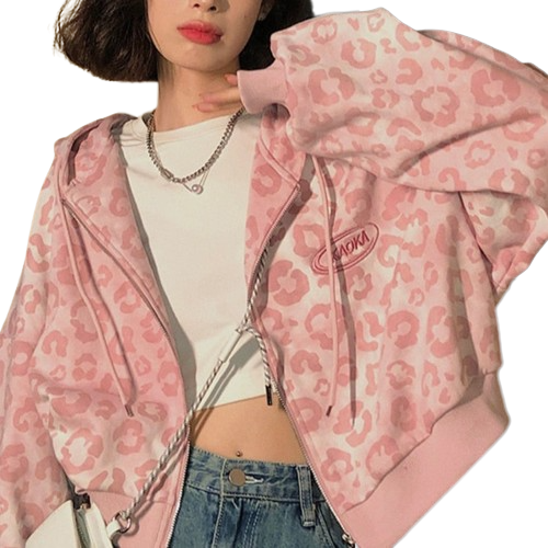 Y2K Pink Leopard Hoodie Jacket - hoodie jacket