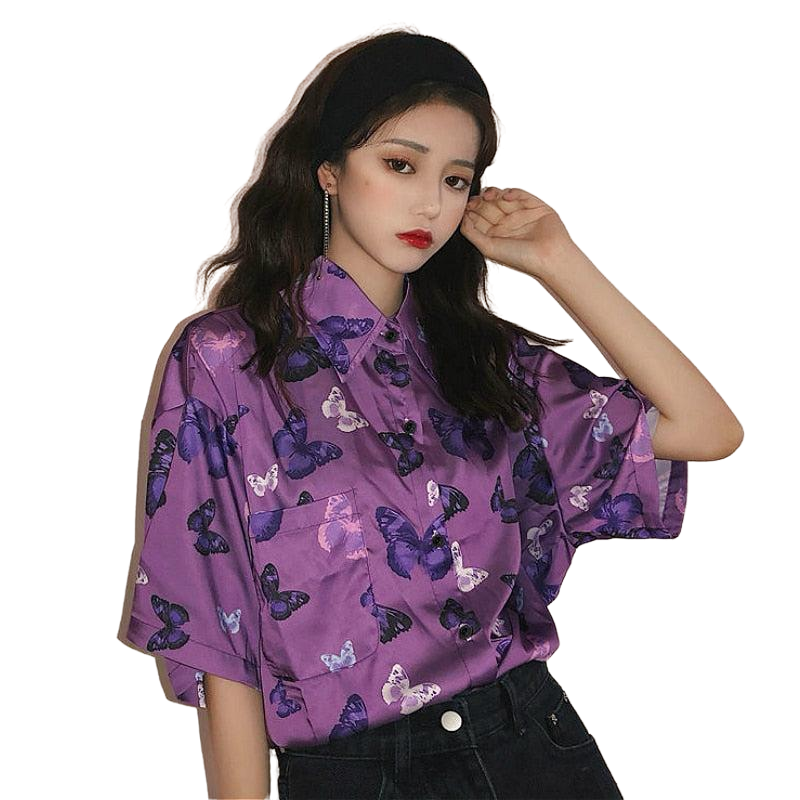 Purple Butterfly Vintage Short Sleeve Shirt - S