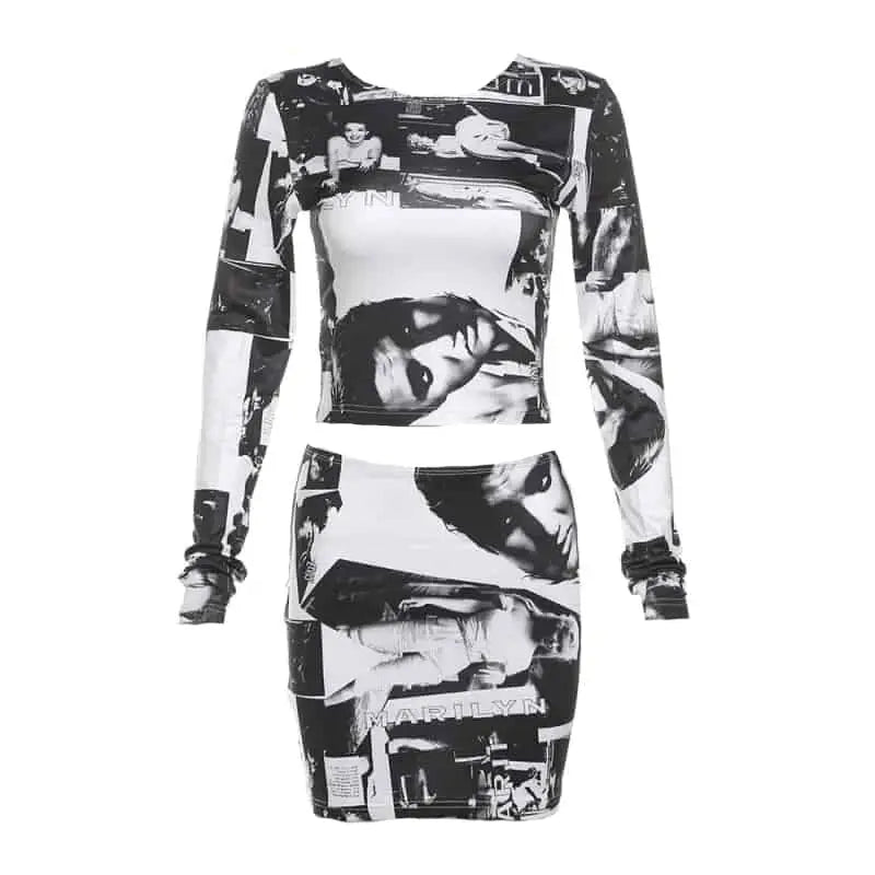 60s Hipster Long Sleeve Crop Top and Stretch Skirt Set