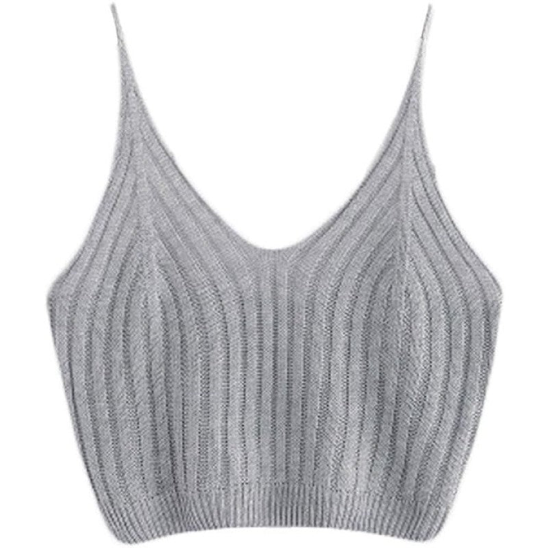 Solid Color Ribbed Knit Crop Top - Gray / ONE SIZE