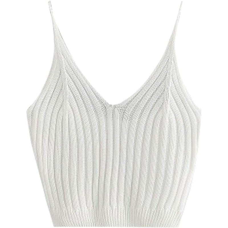 Solid Color Ribbed Knit Crop Top - White / ONE SIZE