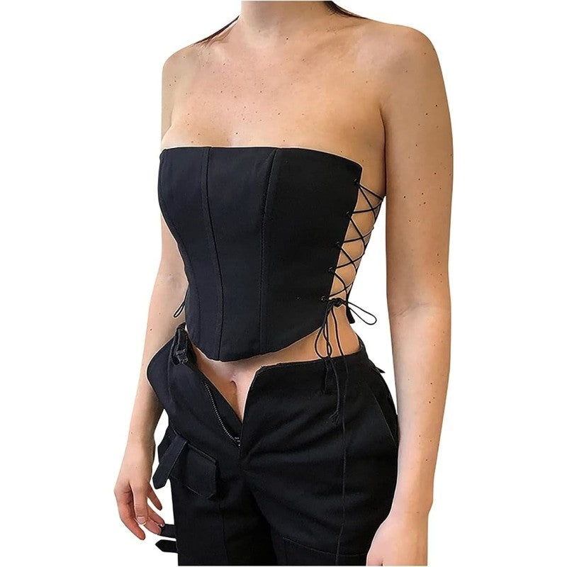 Black Solid Color Strapless Lace Up Corset - S - Crop Top